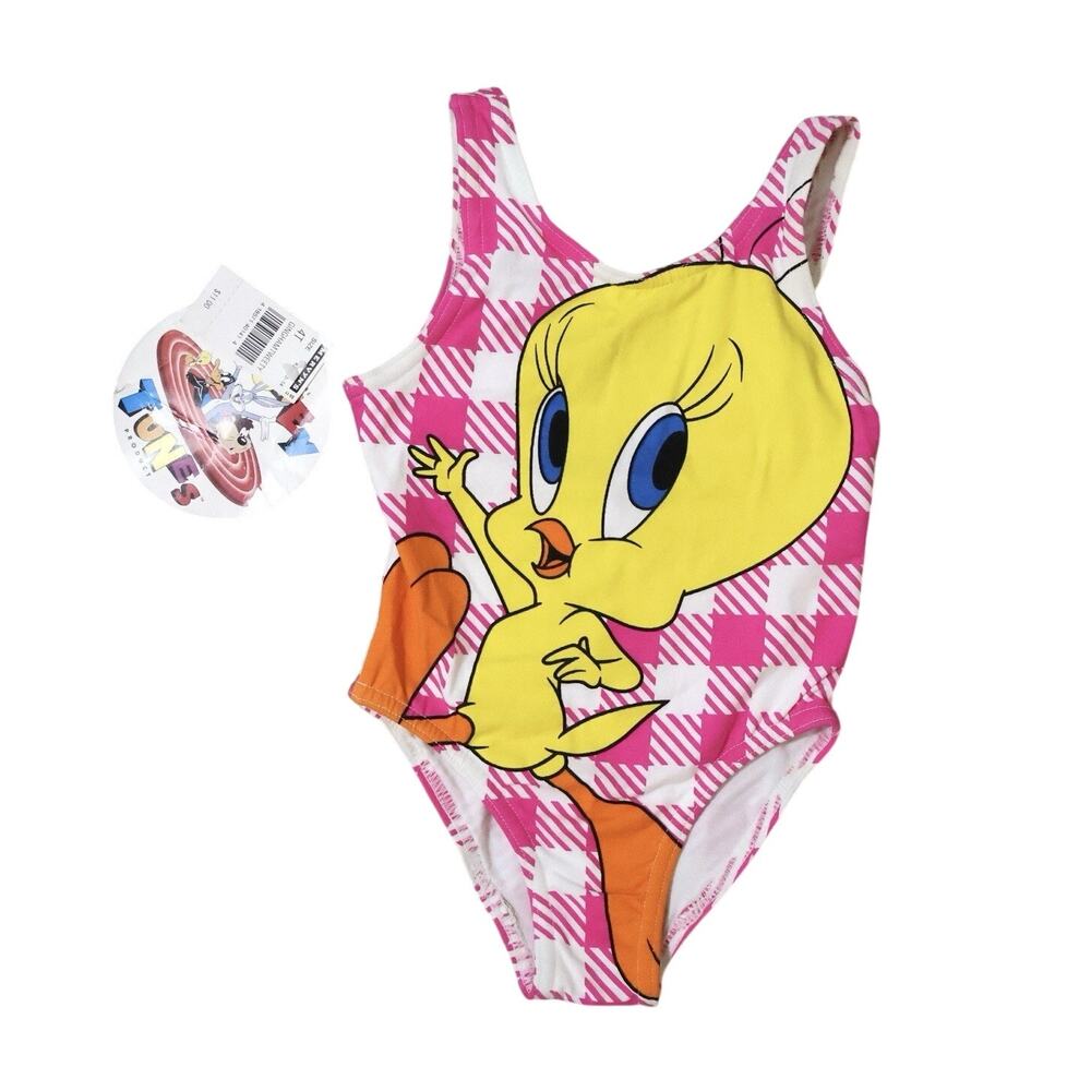 NWT Looney Tunes Tweety Bird Pink Gingham One Piece Bathing Suit Swim 4T Cute